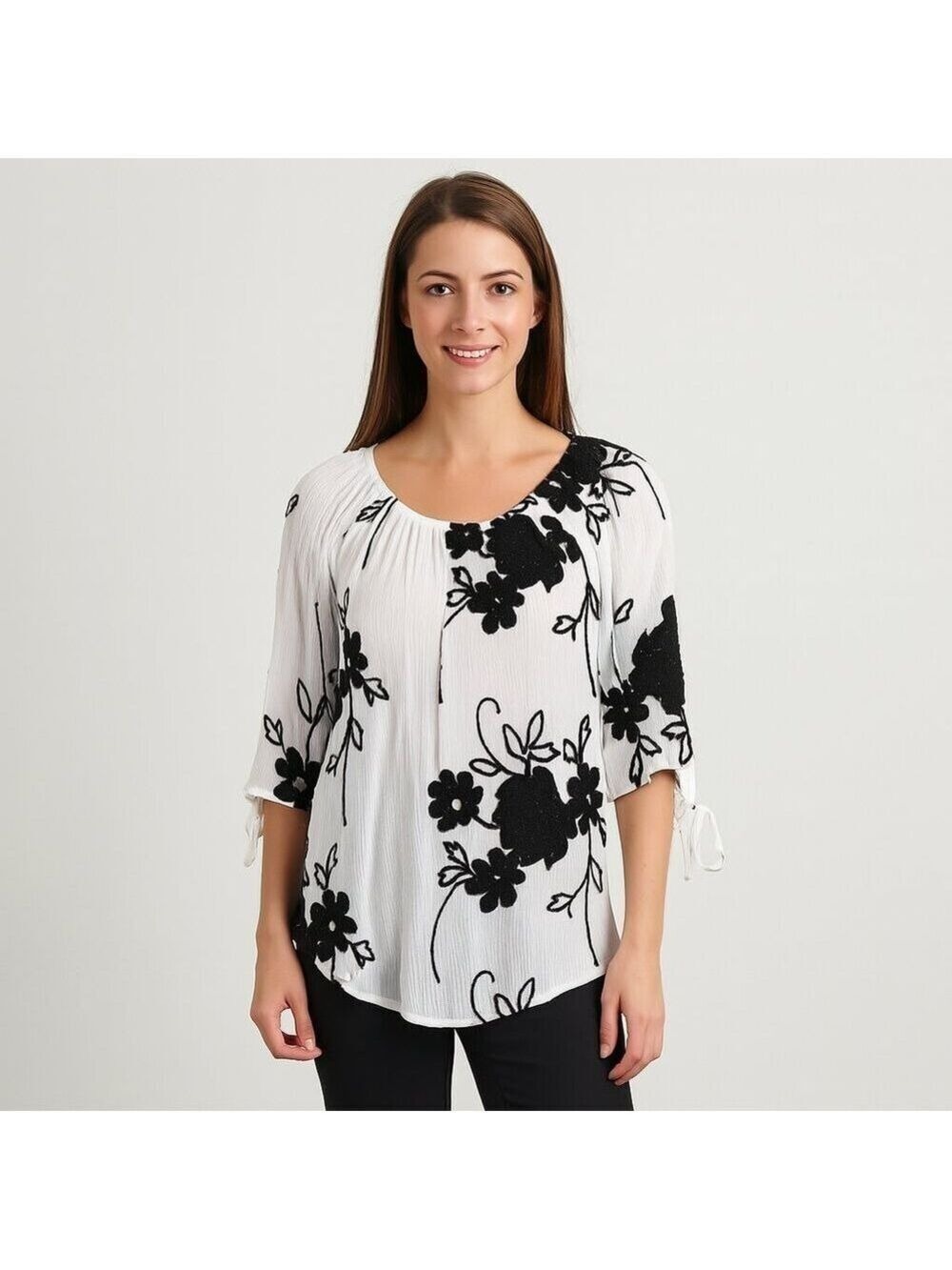 LIV Los Angeles Black Floral Tie-Sleeve Blouse | Size M | Boho Chic EUC